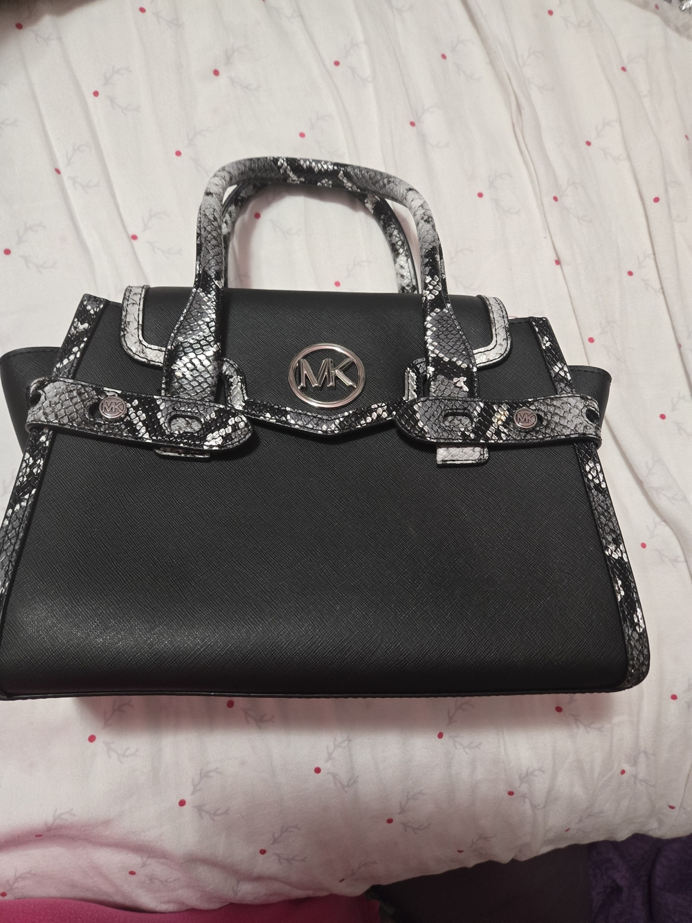 Michael Kors Black Saffiano Leather Satchel with Snake-Print Trim